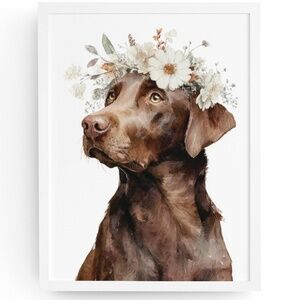 Watercolor Labrador Retriever with Flower Crown Portrait Wall Art Print Unframed